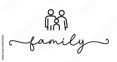 Family icon. Parents and child. Vector family text logo. Typography calligraphy script text. Silhouette happy family. Symbol human. Father, mother and kid pictogram sign. Modern design word family.