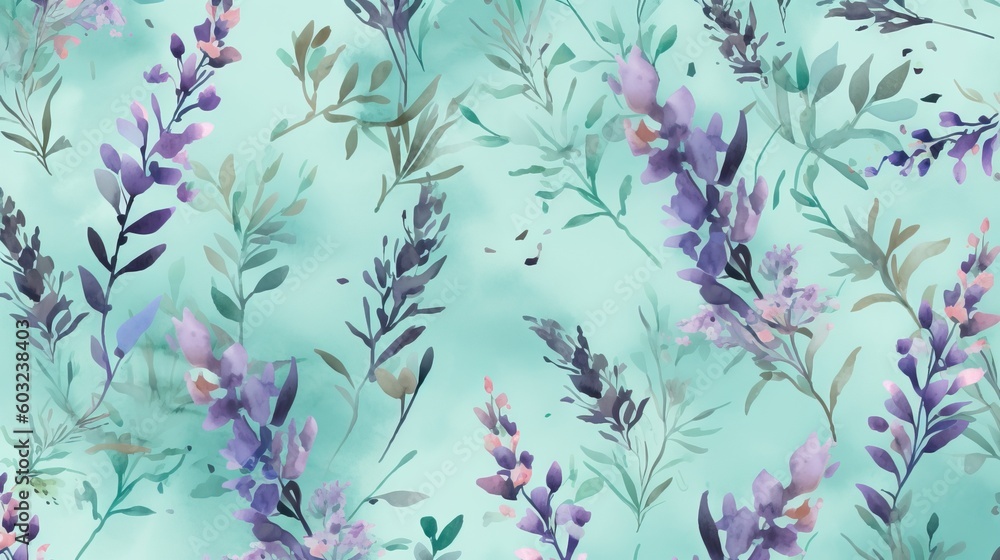 a blue background with purple and green flowers and leaves on it. generative ai a blue background with purple and green flowers and leaves on it. generative ai