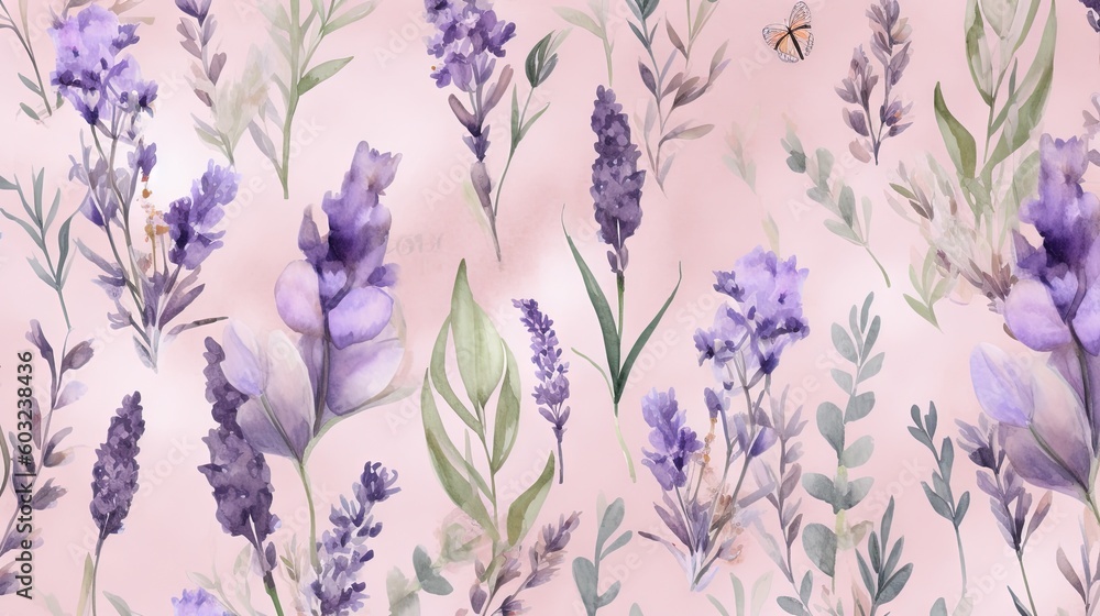 a watercolor painting of lavender flowers and a butterfly on a pink background. generative ai a watercolor painting of lavender flowers and a butterfly on a pink background. generative ai