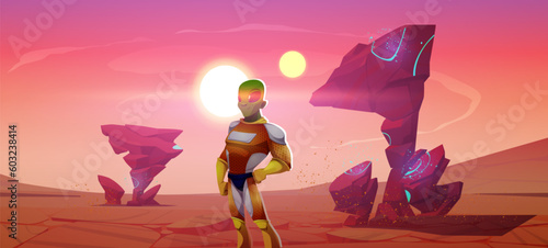 Alien on fantasy planet in space vector landscape background. Mars desert ground illustration with moon and sun landscape. Red martian surface and rock terrain with sand. Cosmic game character.