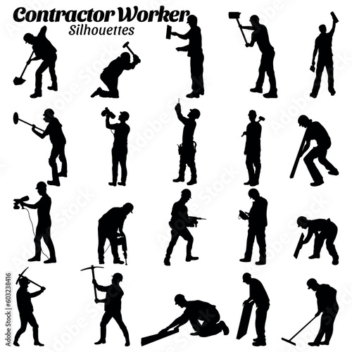Contractor worker silhouettes vector illustration set.