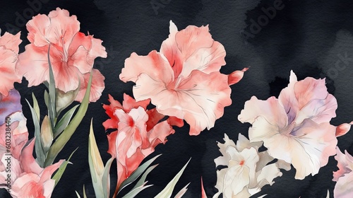  a watercolor painting of pink and white flowers on a black background. generative ai