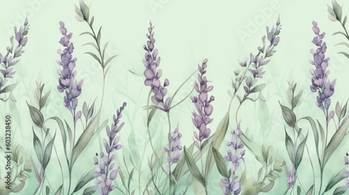  a painting of a field of lavender flowers with a green background.  generative ai