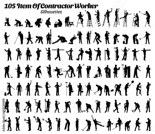 Set of 105 item contractor worker silhouette vector illustration.