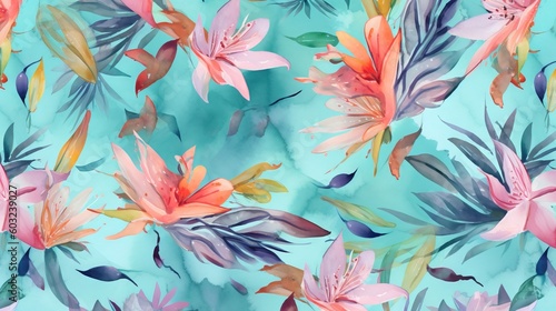  a watercolor painting of flowers and leaves on a blue background.  generative ai