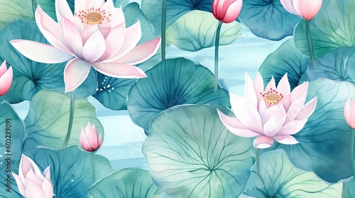  a painting of pink water lilies and green leaves on a blue background.  generative ai © Nadia