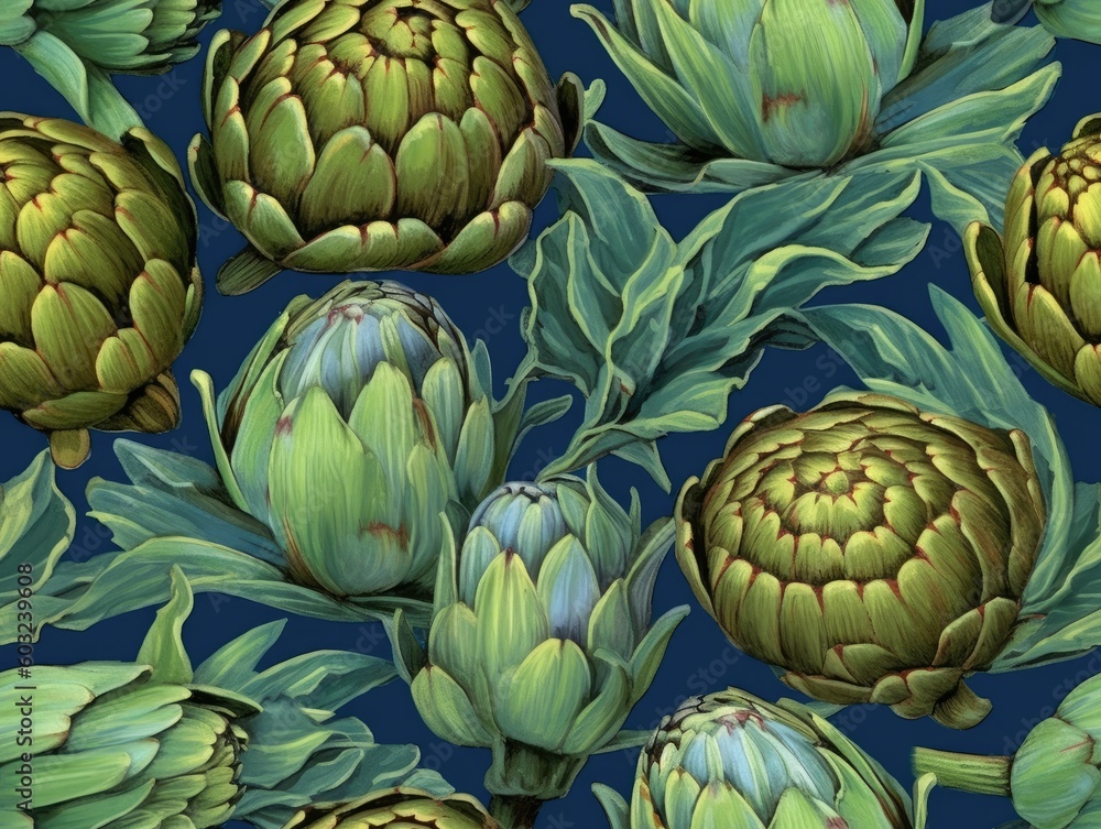 Fototapeta premium Artichokes background as seamless tile (generative AI)
