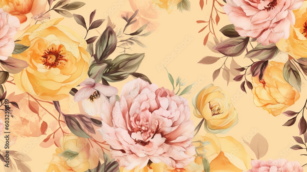  a yellow and pink floral wallpaper with lots of flowers.  generative ai