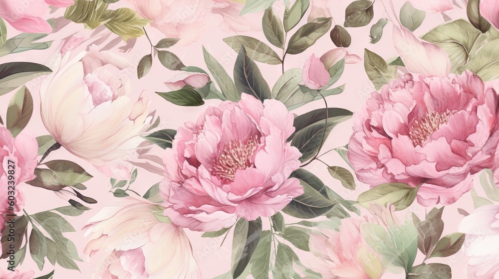  a pink floral wallpaper with green leaves and pink flowers.  generative ai