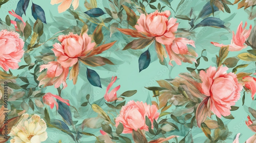  a painting of pink flowers on a blue background with green leaves.  generative ai
