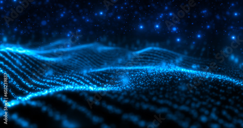 Abstract blue waves lines from particles and dots of energetic magic with glow effect and blur bokeh abstract background