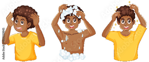Teenage Boy Washing Hair Characters Set