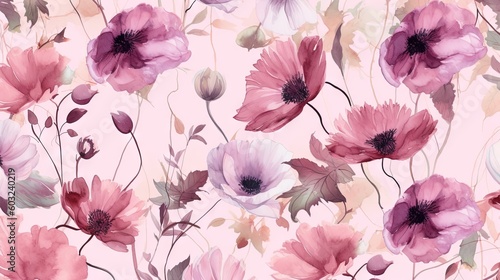  a bunch of flowers that are on a pink background with leaves.  generative ai