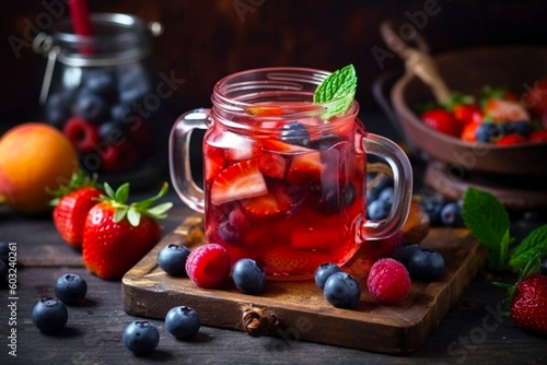 delicious and healthy summer cocktail of tropical fruits and berries of red color on a blue background. The concept of healthy drinks with vitamins, proper nutrition. 