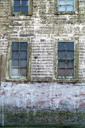 A weathered algae covered wall with windows. © bbaser78