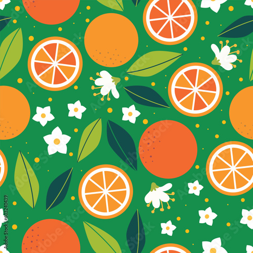 Trendy summer seamless pattern with ripe oranges on green background. Summer flat design background.