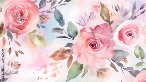  a watercolor painting of pink roses with green leaves on a white background. generative ai