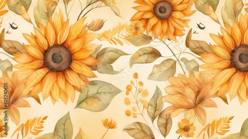  a watercolor painting of a sunflower with leaves on a yellow background.  generative ai