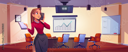 Woman talking phone in office conference room vector illustration. Modern business meeting boardroom for consultation, presentation or training with table, screen and whiteboard cartoon background.
