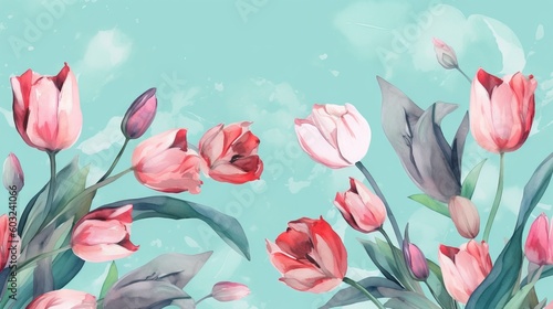  a painting of pink tulips on a blue background. generative ai