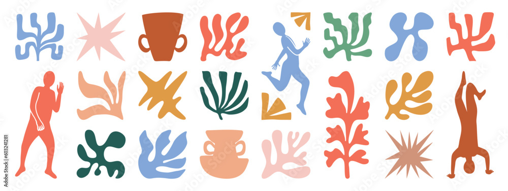 Set of abstract organic shapes inspired by matisse. Plants, leaf, people, algae, vase in paper cut collage style. Contemporary aesthetic vector element for logo, decoration, print, cover, wallpaper.