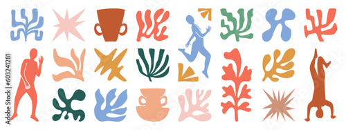 Set of abstract organic shapes inspired by matisse. Plants, leaf, people, algae, vase in paper cut collage style. Contemporary aesthetic vector element for logo, decoration, print, cover, wallpaper.