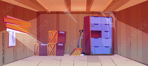Abandoned house garage room home storage interior vector background. Dirty storeroom illustration with wooden wall and floor. Box inventory near snow shovel and cupboard messy scene with say sunlight.