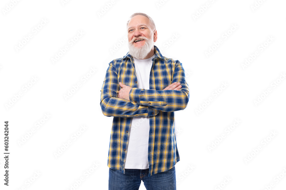 Fototapeta premium handsome 60s middle aged gray-haired man with a beard on a white background