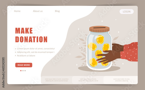 Make donation. Landing page template. African female hands holding glass jar full of gold coins. International charity day. Fundraising Concept. Vector cartoon illustration.