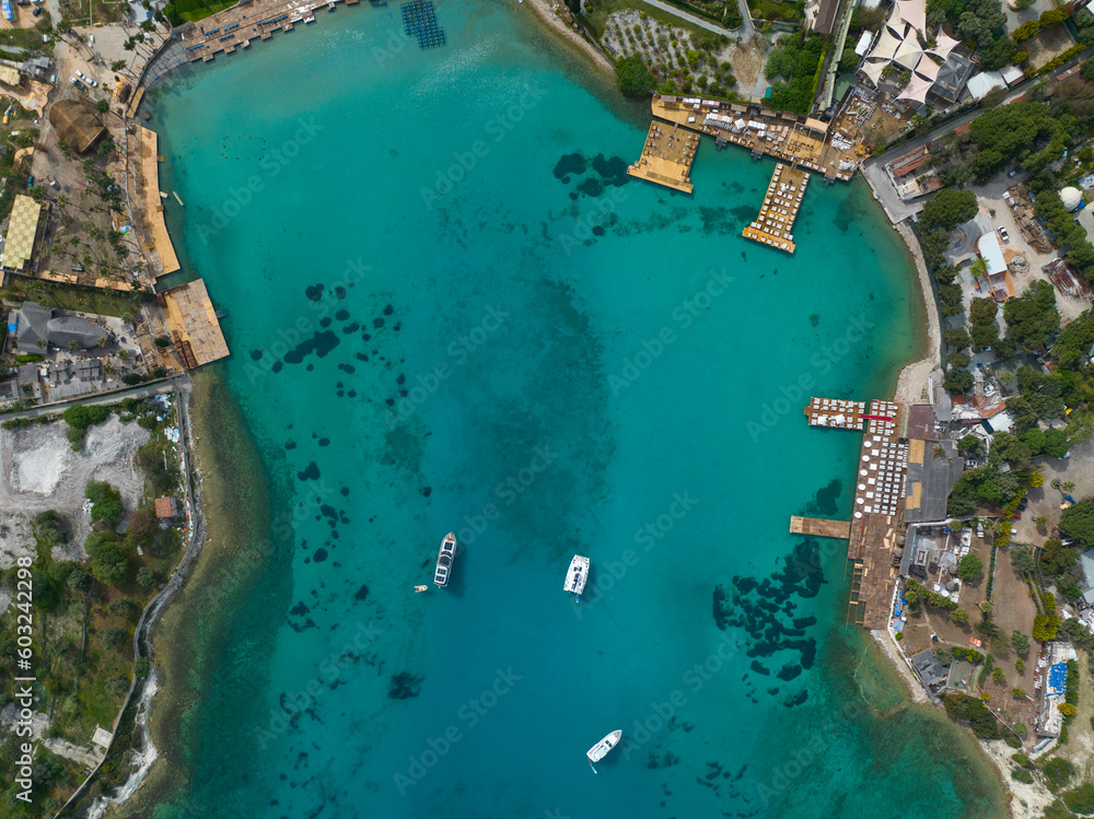 Fototapeta premium Ayayorgi Coast White Beach Drone Photo in the Summer Season, Cesme Izmir Turkey (Turkiye)