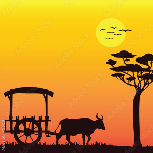 Silhouette cattle pull a wooden cart with yellow sunset. Country side living concept graphic illustration.  Bullock cart in the village scene illustration.