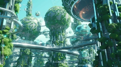 Eco-futuristic cityscape concept full with greenery  skyscrapers. Generative AI