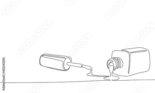 Bottle of nail polish as one line drawing banner. Continuous hand drawn minimalist minimalism design isolated on white background vector illustration.