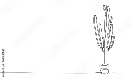 Cactus in pot as one line drawing banner. Continuous hand drawn minimalist minimalism design isolated on white background vector illustration.