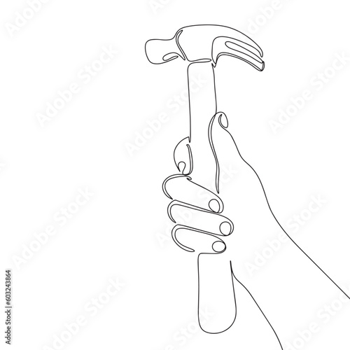 Hammer in hand as one line drawing banner. Continuous hand drawn minimalist minimalism design isolated on white background vector illustration.