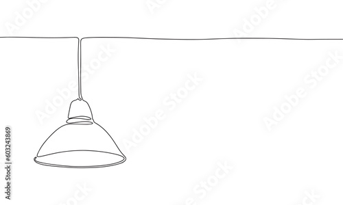 Lamp on ceiling as one line drawing banner. Continuous hand drawn minimalist minimalism design isolated on white background vector illustration.