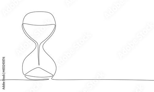 Hourglass or sand clock as one line drawing banner. Continuous hand drawn minimalist minimalism design isolated on white background vector illustration.