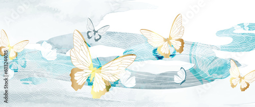 Luxury gold oriental style background vector. Chinese and Japanese wallpaper pattern design of butterfly, sea wave, watercolor,line art. Minimal design illustration for decoration, wall decor, banner.