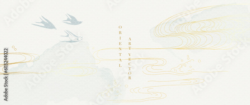 Luxury gold oriental style background vector. Chinese and Japanese wallpaper pattern design of bird, wave, cloud, watercolor, line art. Minimal design illustration for decoration, wall decor, banner.