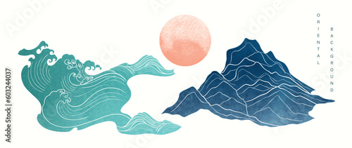 Luxury oriental style background vector. Chinese and Japanese wallpaper pattern design of landscape, mountain, watercolor, line art. Minimal design illustration for decoration, wall decor, banner.