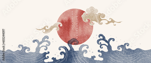 Luxury oriental style background vector. Chinese and Japanese wallpaper pattern design of landscape, sea wave, watercolor, line art. Minimal design illustration for decoration, wall decor, banner.