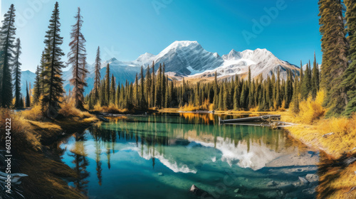 Crystal-clear lake nestled amidst a pristine landscape of towering pine trees. Majestic snow-capped mountains rise majestically against the canvas of a clear blue sky. Generative AI
