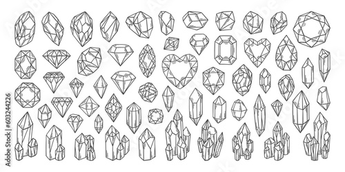 Gems doodles set. Diamonds, brilliants and crystals. Diamonds shapes collection. Gems patch badges set. Crystal, quartz, jewelry precious stones. Rhinestones doodles.