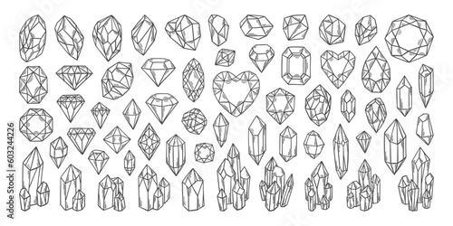 Gems doodles set. Diamonds, brilliants and crystals. Diamonds shapes collection. Gems patch badges set. Crystal, quartz, jewelry precious stones. Rhinestones doodles.