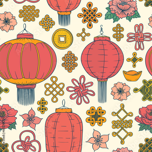 Chinese lanterns pattern. Asian doodles. Asia culture symbols background. Chinese lucky knot charm. Lucky knot coin amulet. Red lantern. Chinese New Year decoration.