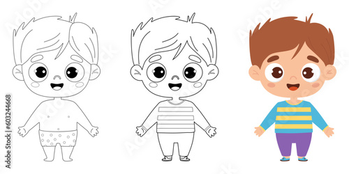 Outline drawings coloring book. Cute cartoon smiling kid boy. Line and color drawing. Vector illustration. Childrens collection. Isolated funny kids on white background