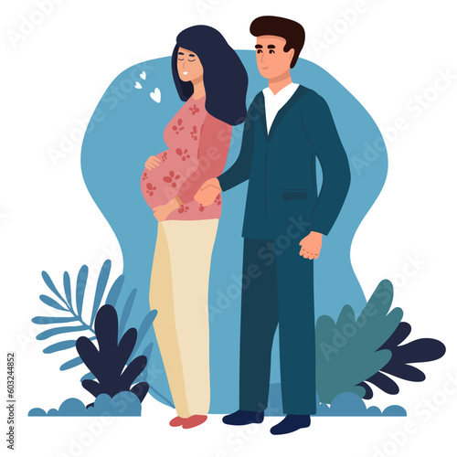 Future parents, pregnant woman. Child expectation, happy family concept. Banner about pregnancy and breastfeeding. Vector illustration