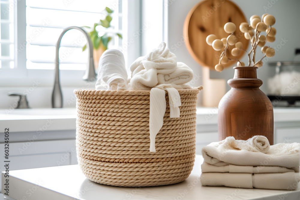 Contemporary Elegance: A Stylish Rope Laundry Basket with a Modern Twist in the Bathroom