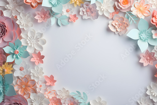 colorful pastel floral decorations frame border around empty white paper copy space, Generative AI