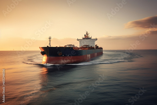 Aerial front view of a loaded container cargo vessel traveling over calm ocean. Generative AL